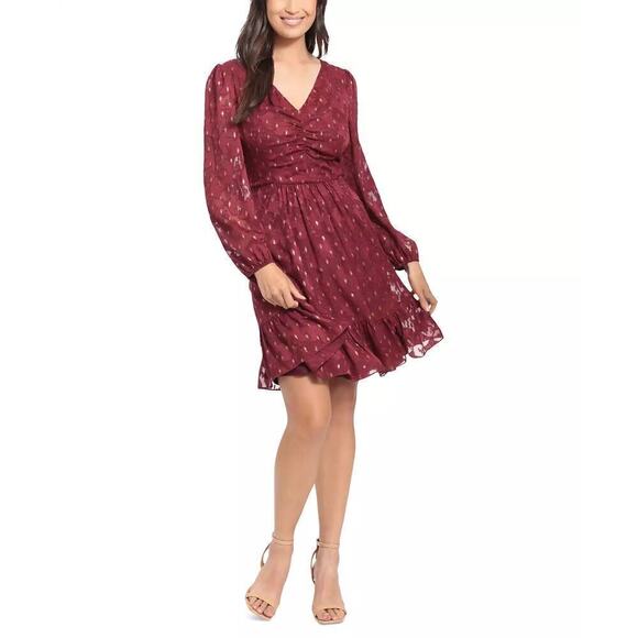 London Times Burnout Dress Long Sleeve Fit & Flare Dress Fig Gold NWT 8 - Picture 2 of 9